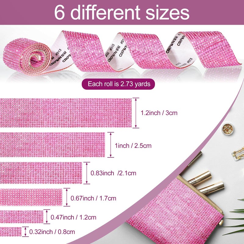 Outus 6 Rolls Self Adhesive Crystal Rhinestone Ribbon Diamond Bling Ribbons Wrap 6 Yards Mesh Glittering Sticker Roll for Arts Crafts Wedding Birthday DIY Event Car Phone Decoration (Pink) - Image 4